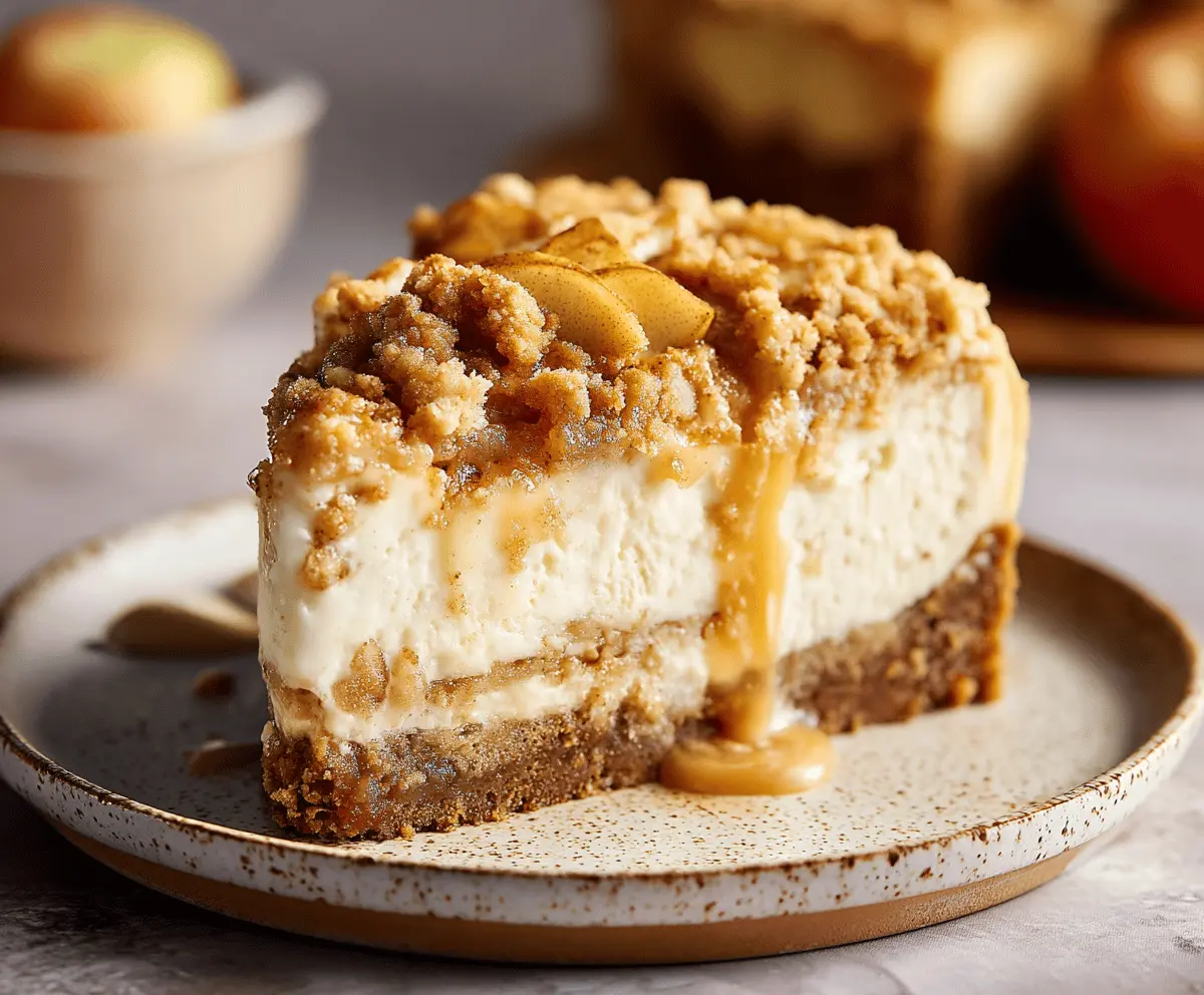 Irresistible apple crumble cheesecake with a golden crust and gooey apple topping, perfect for dessert lovers.