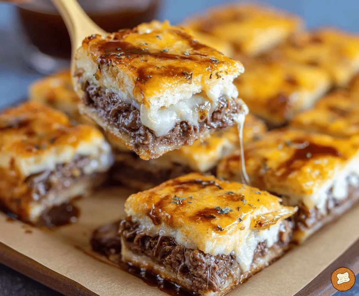 Golden French Dip Squares with melted cheese and savory beef served on a plate, perfect for appetizer or snack.
