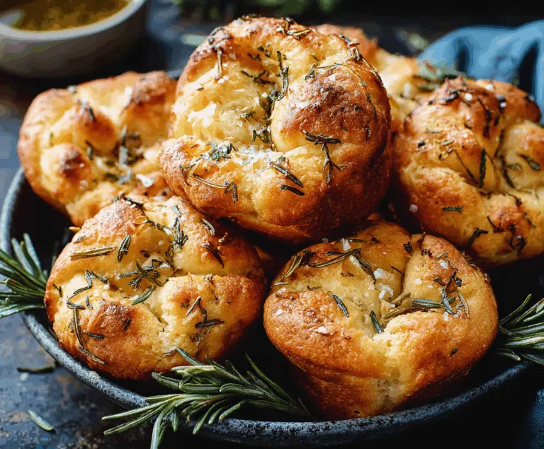 Golden crispy Garlic Rosemary Focaccia Muffins topped with fresh herbs, perfect for snacking or accompanying meals.