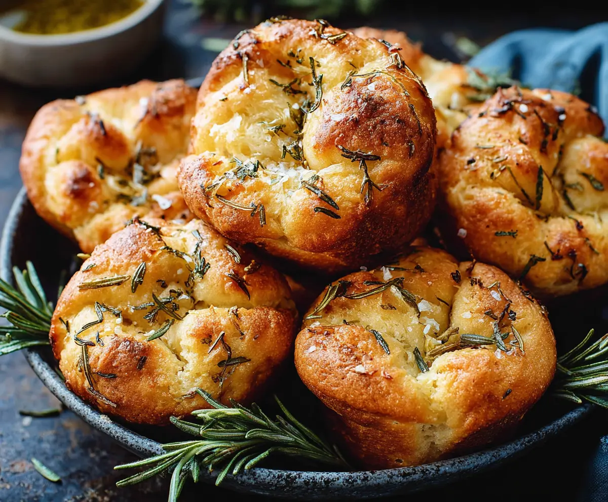 Golden crispy Garlic Rosemary Focaccia Muffins topped with fresh herbs, perfect for snacking or accompanying meals.