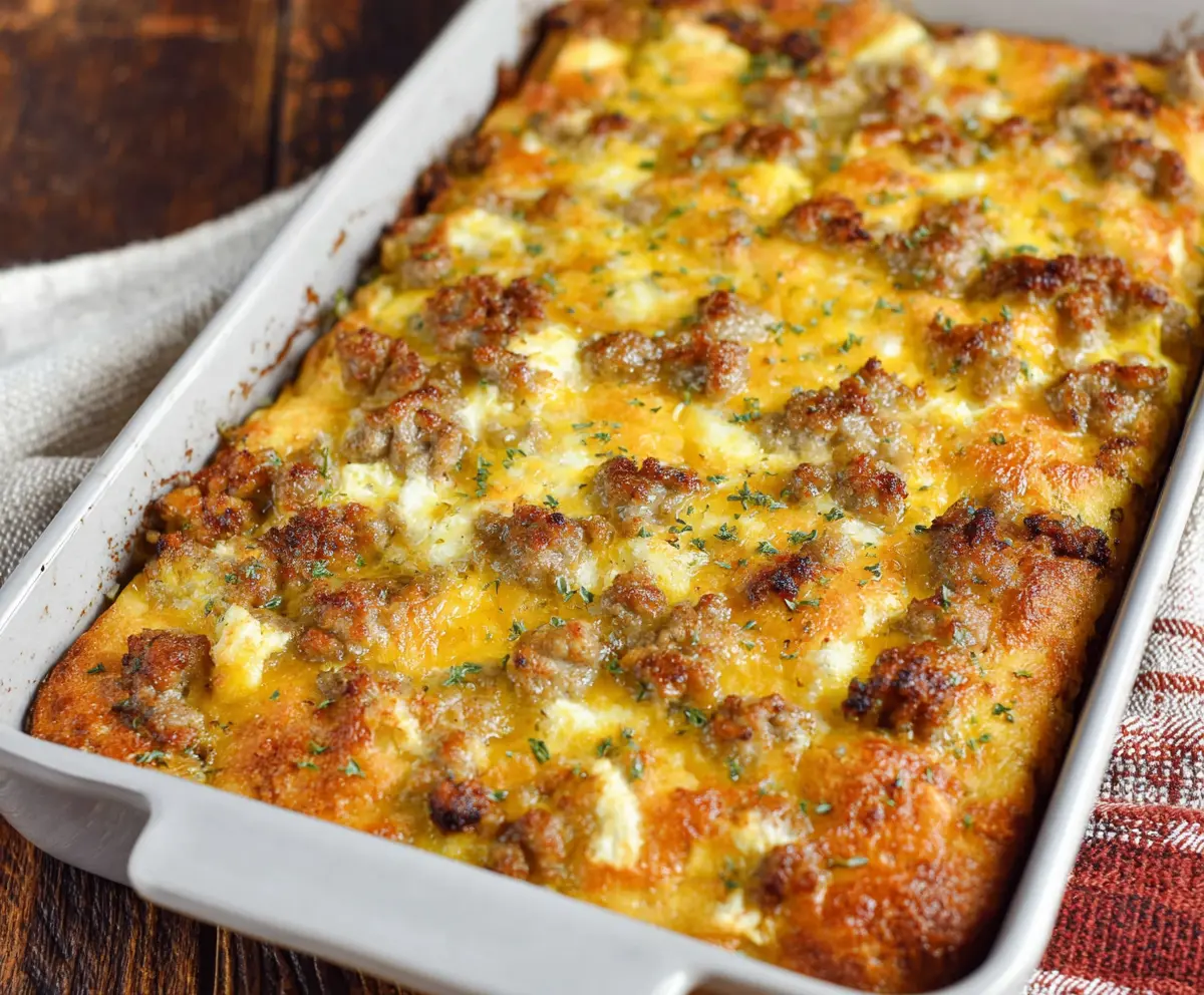 Delicious sausage and egg casserole ready for breakfast or brunch.