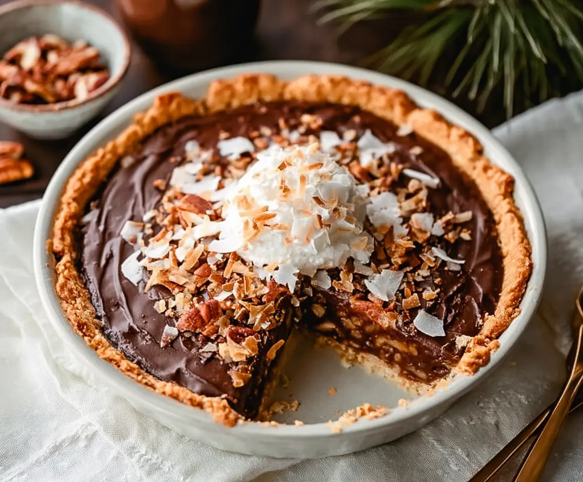 Delicious no-bake German Chocolate Pie topped with coconut and pecans for a festive Christmas dessert.