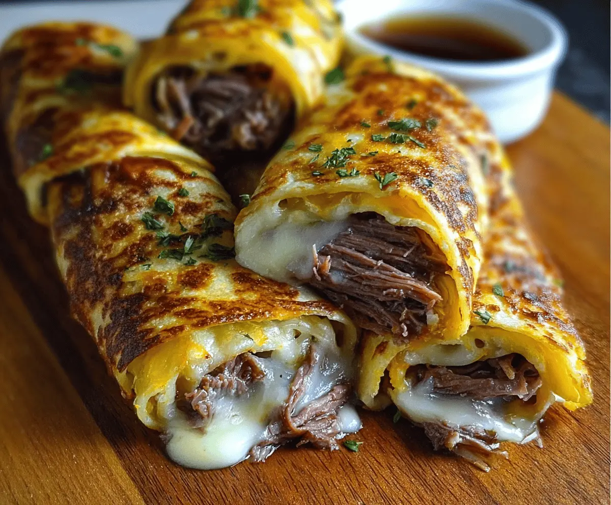 French Dip Tortilla Roll Ups filled with savory roast beef and melted cheese, perfect for snack or appetizer.