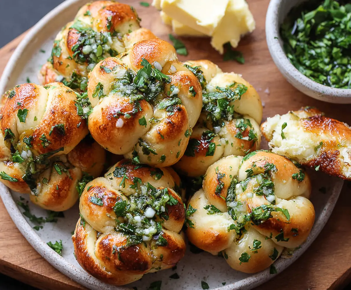 Golden garlic knots with melted butter and herbs on a rustic wooden board.