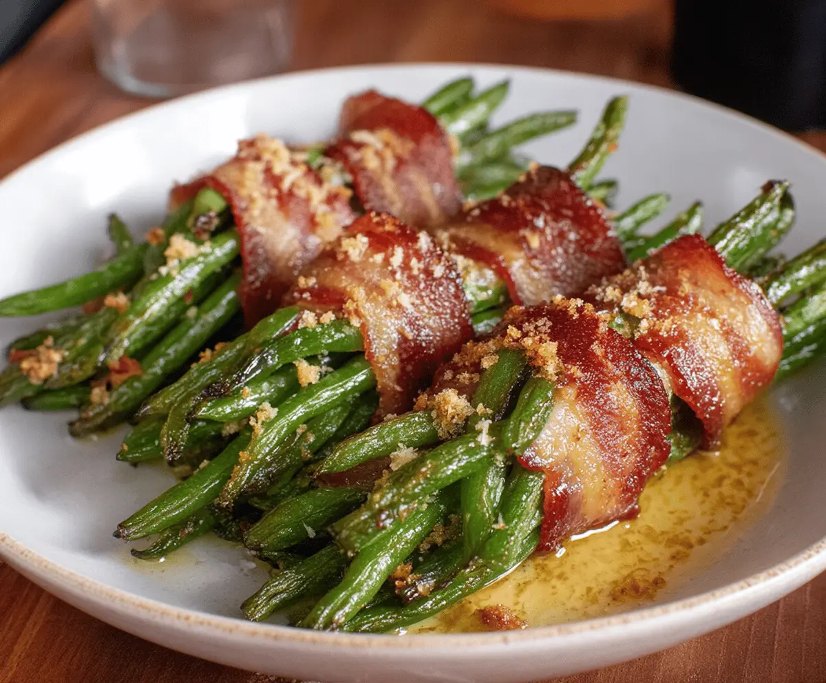 Delicious Green Bean Bundles wrapped with bacon on a serving platter.