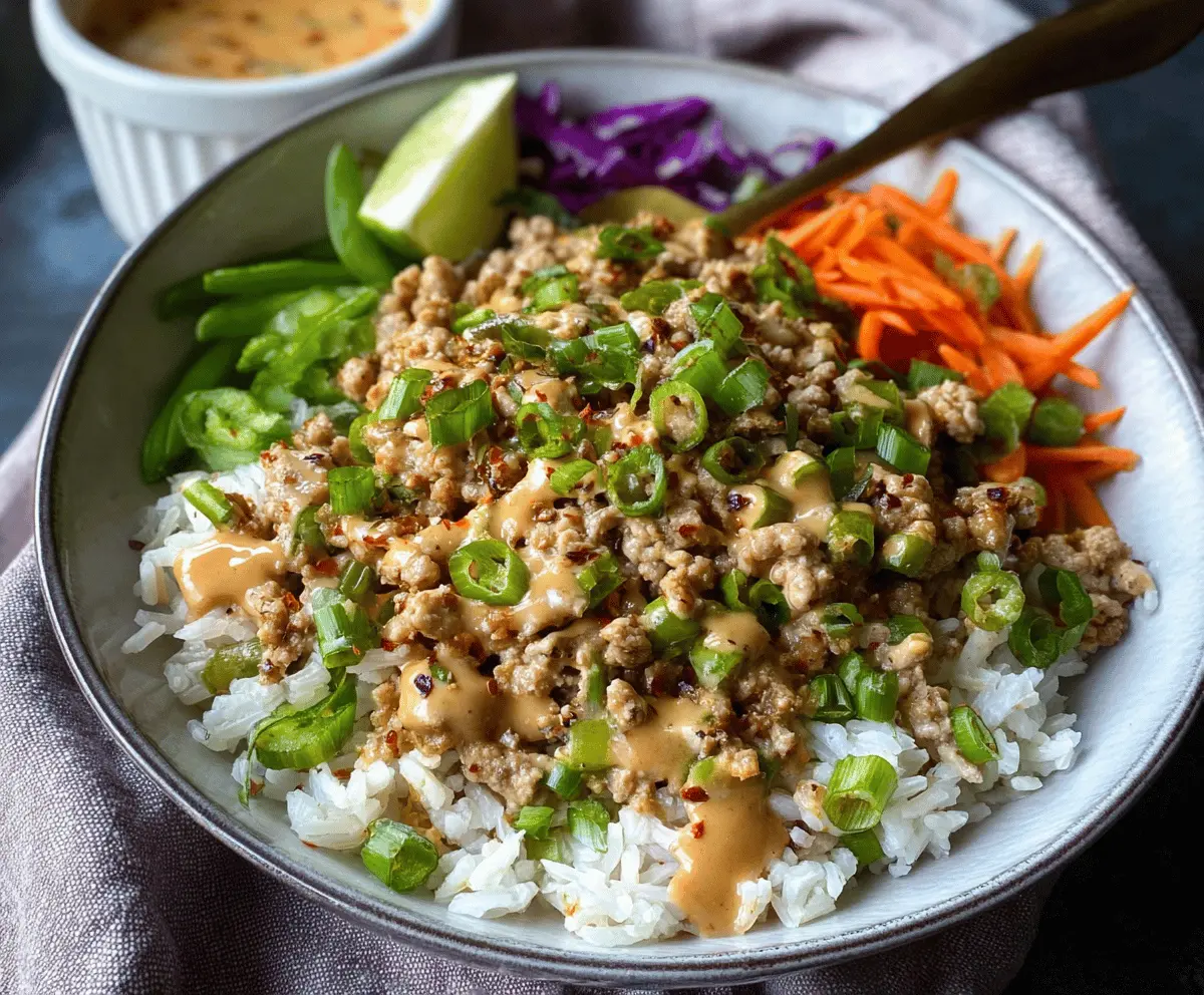 Delicious ground turkey rice bowls topped with spicy Bang Bang sauce, garnished with fresh herbs.