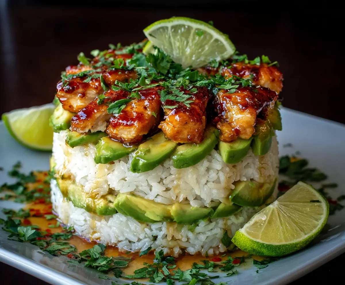Honey Lime Chicken Avocado Rice Stack