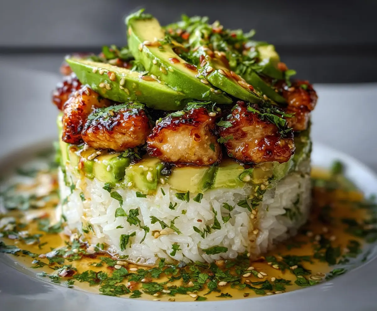 Delicious Honey Lime Chicken and Avocado Rice Stack on a white plate, garnished with fresh herbs