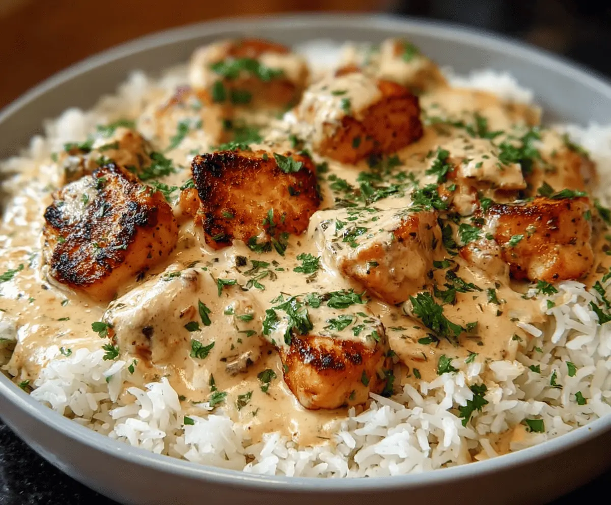 Delicious creamy smothered chicken served over fluffy rice, perfect for a comforting homemade meal.
