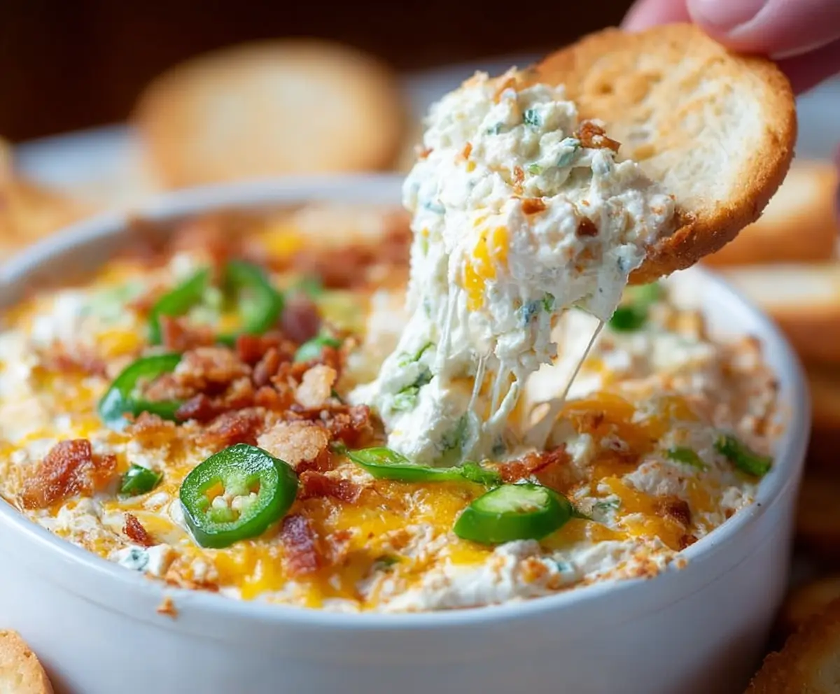 Creamy jalapeño popper dip with melted cheese and crispy bacon topped with sliced jalapeños.