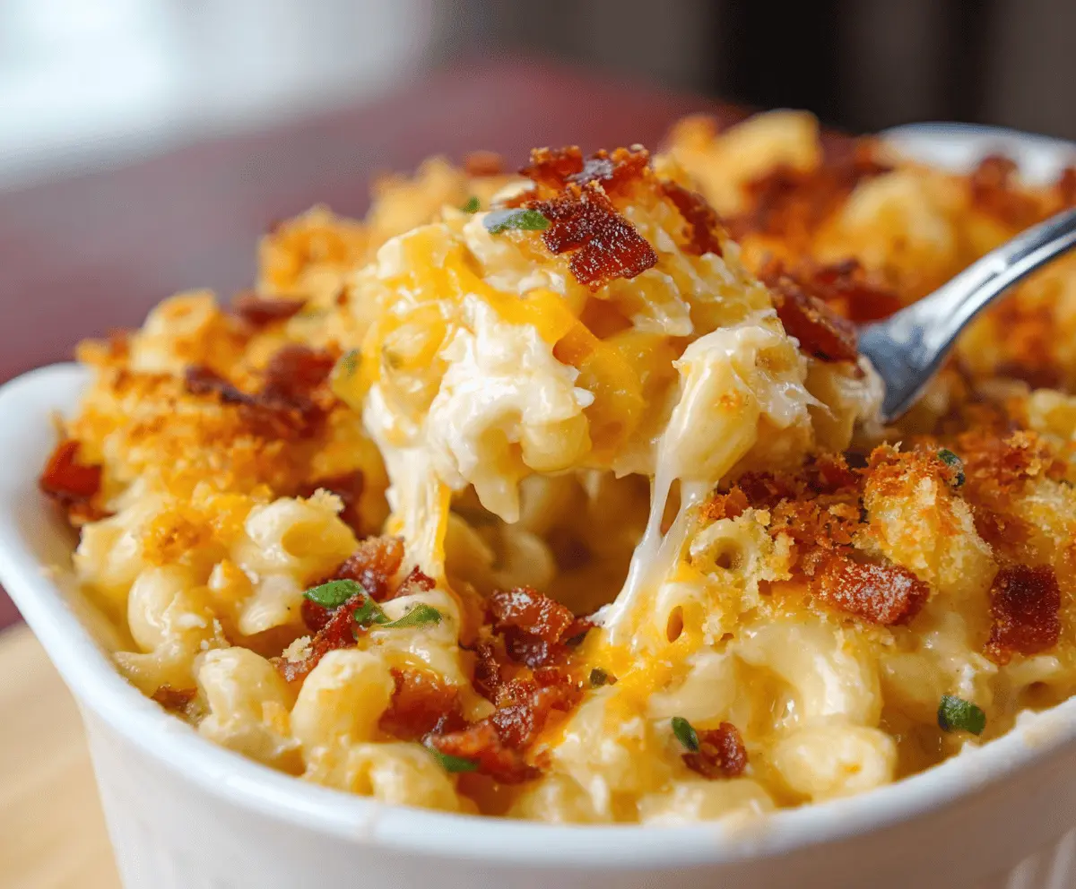 Creamy Jalapeño Popper Macaroni and Cheese topped with melted cheese and crispy jalapeño slices.