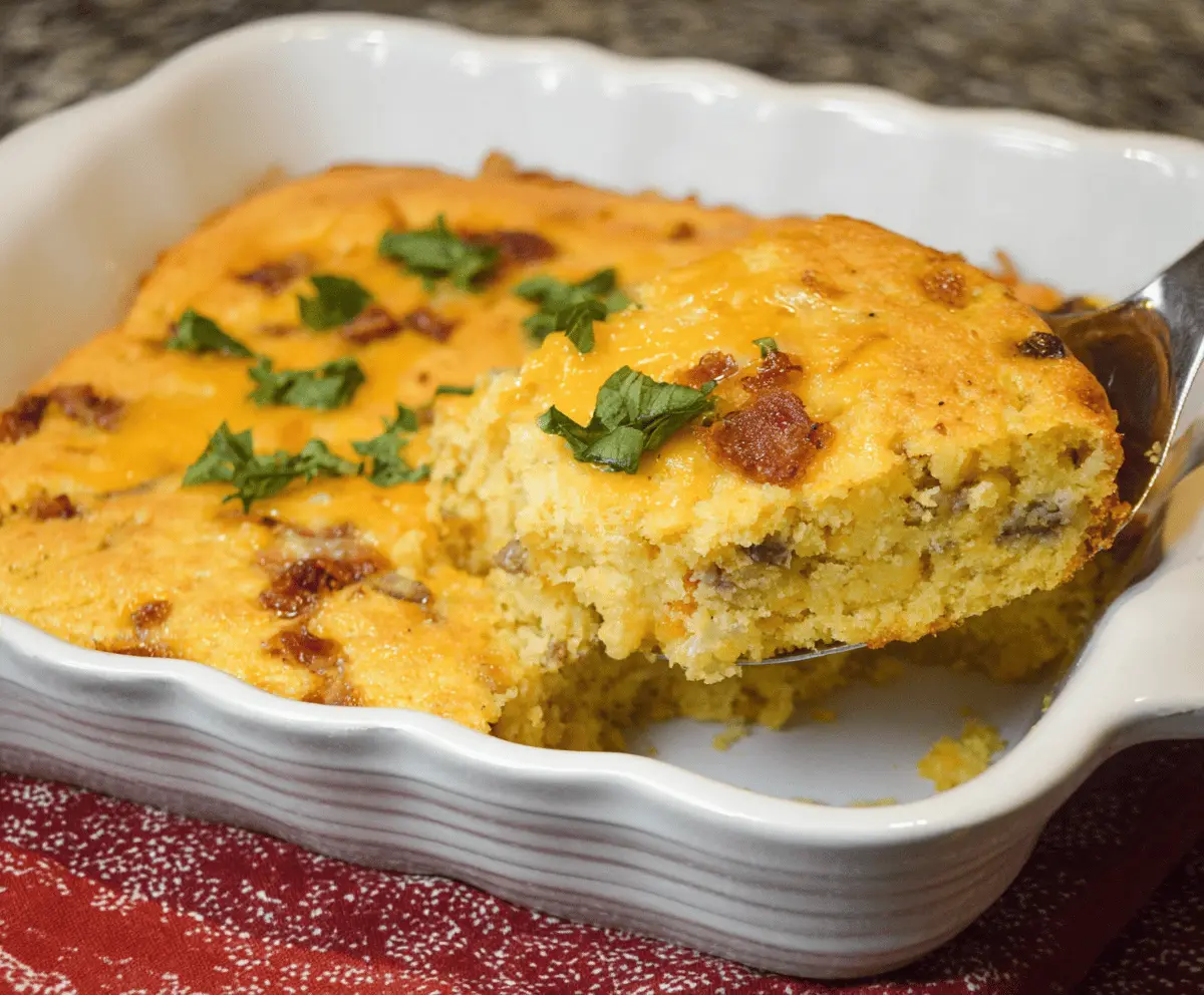 Delicious Loaded Cornbread Casserole topped with cheese, bacon, and green onions for a hearty comfort food meal.