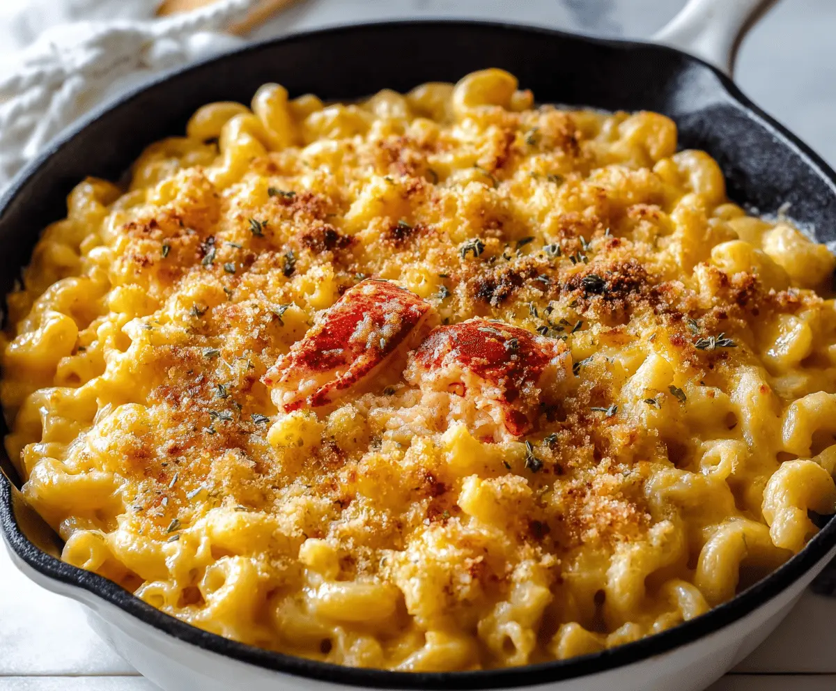 Creamy lobster mac and cheese served in a rustic bowl with melted cheese topping.