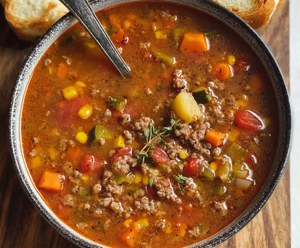 A hearty bowl of Old Fashioned Hamburger Soup with ground beef, vegetables, and flavorful broth.