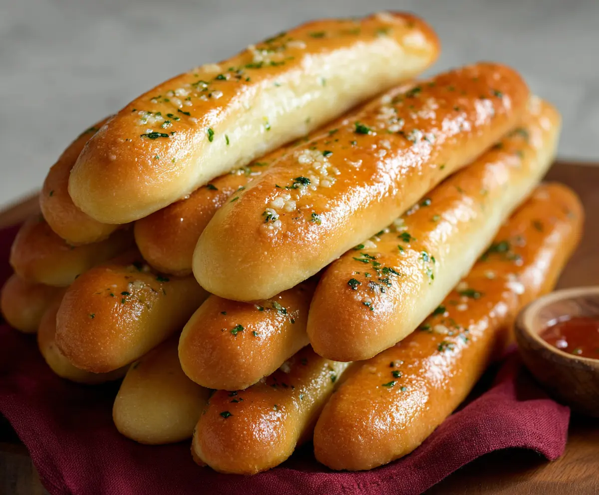 Golden, freshly baked Olive Garden breadsticks with garlic butter and herbs on a plate.