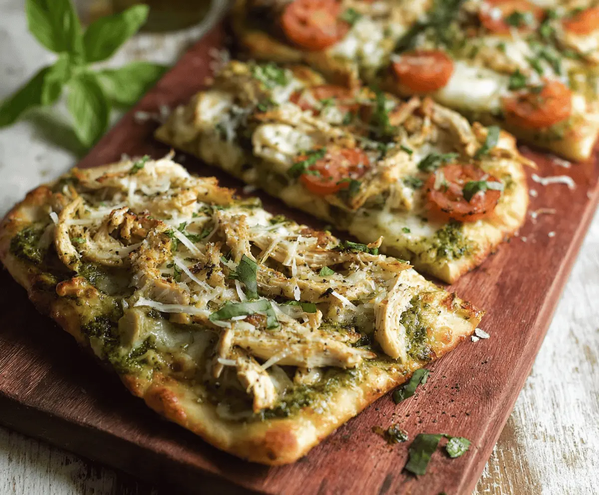 Delicious pesto chicken flatbread topped with fresh herbs and melted cheese, perfect for a savory snack or lunch.