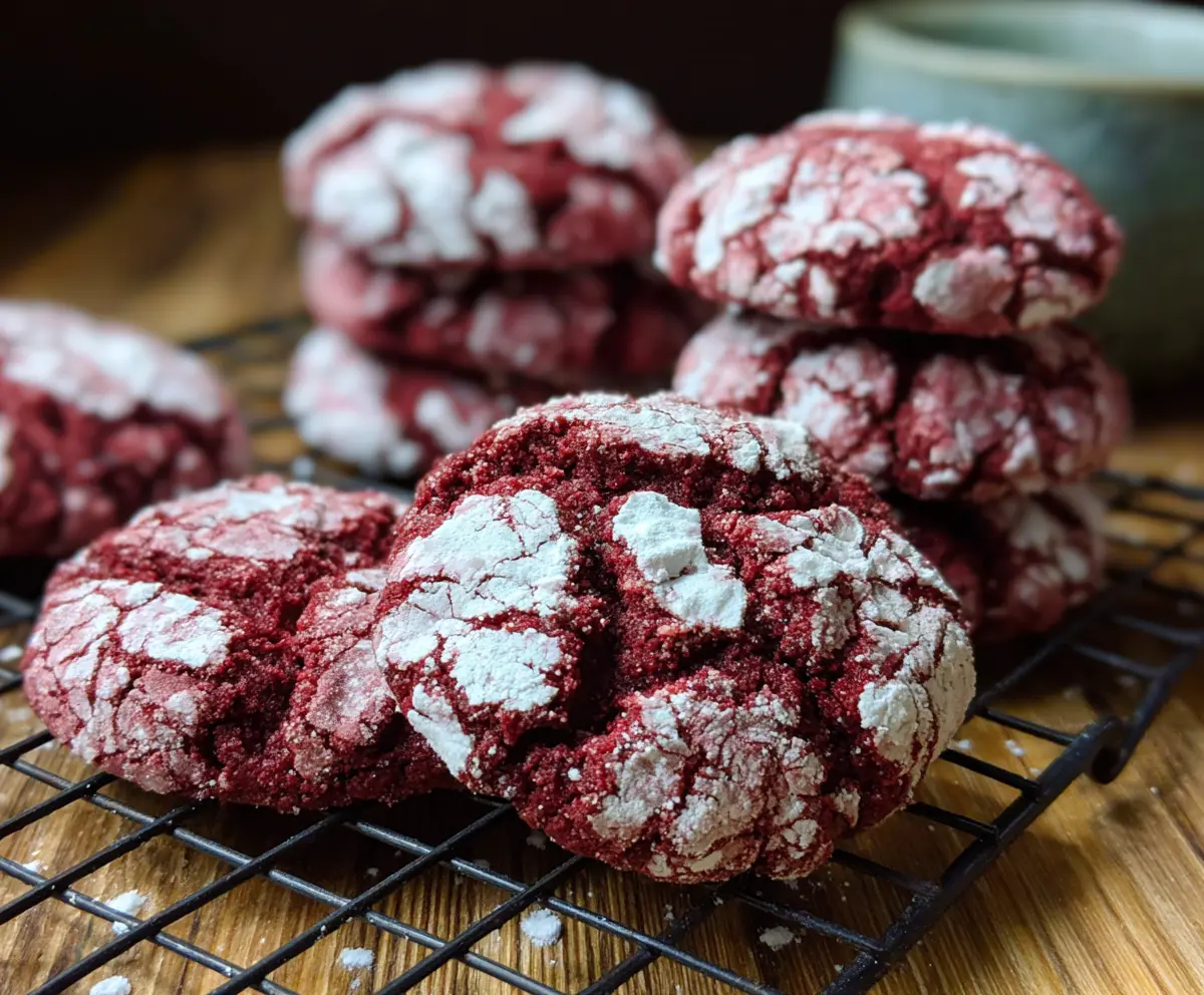 Delicious red velvet crinkle cookies with powdered sugar coating on a rustic wooden surface.