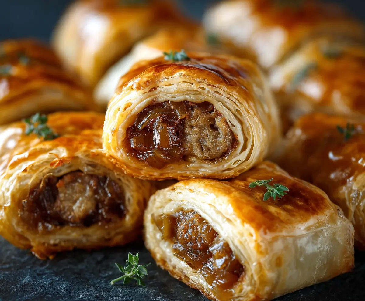 Delicious savory French onion sausage rolls garnished with fresh herbs, perfect for appetizers or snacks.