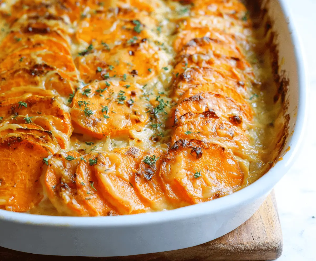 Delicious scalloped sweet potatoes with a golden crust served on a white plate