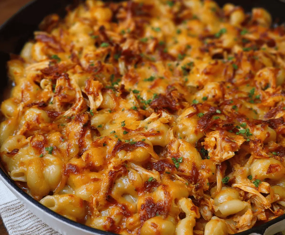 Delicious shredded BBQ chicken mac and cheese served in a bowl, topped with green herbs.