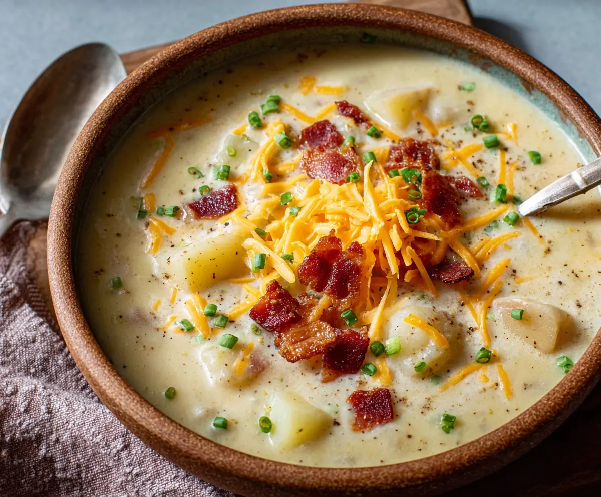 Creamy slow cooker potato soup in a bowl with herbs, perfect for cozy meals