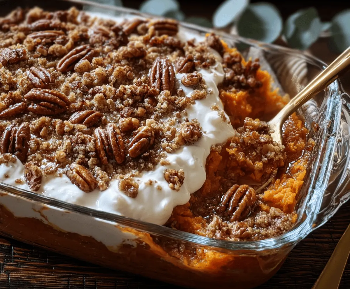 Delicious Southern Maple Sweet Potato Casserole topped with marshmallows and pecans, ready for serving.