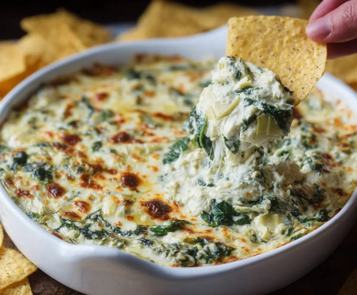 Creamy spinach and artichoke dip served with bread slices, perfect for appetizers.