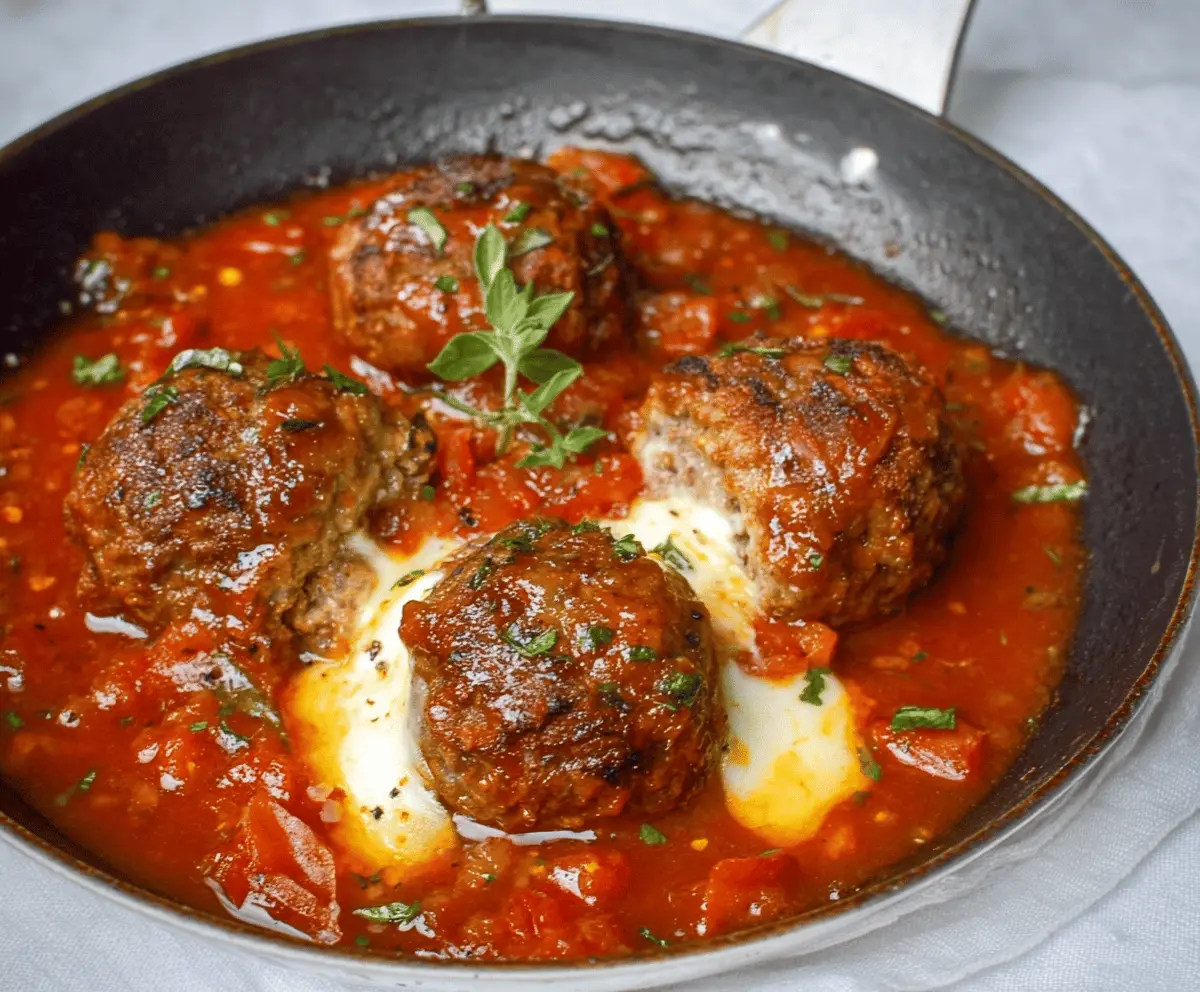 Delicious stuffed meatballs filled with melted mozzarella cheese served on a plate.