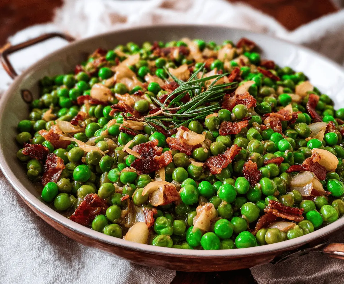 Delicious Thanksgiving Peas with Pear and Pancetta served on a festive plate.