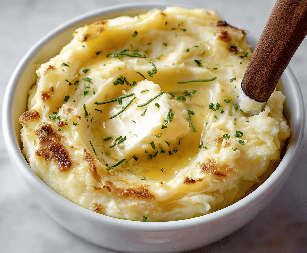 Creamy baked mashed potatoes topped with butter and herbs in a rustic baking dish.