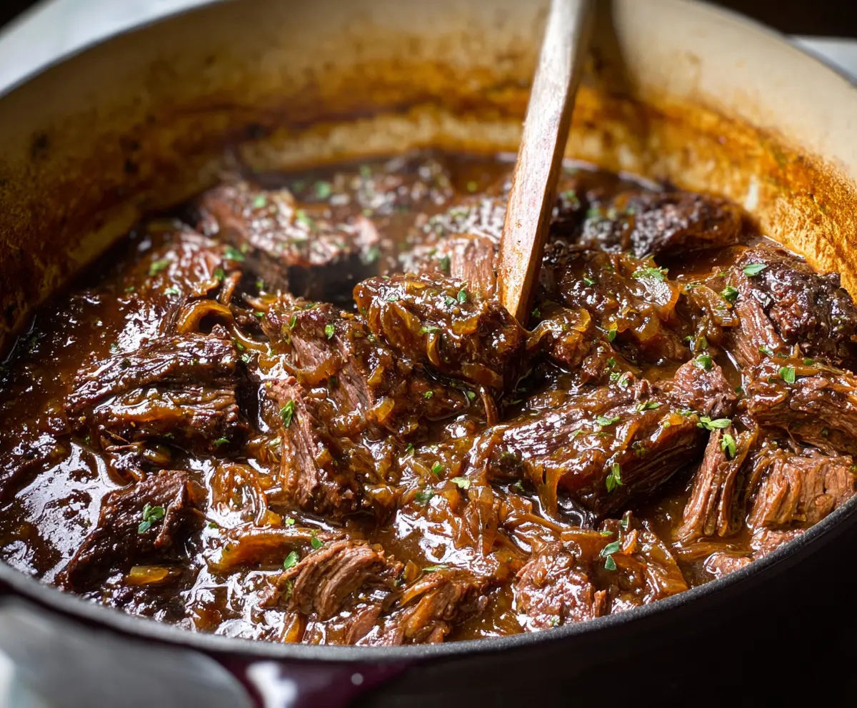 Delicious French onion pot roast with caramelized onions and tender meat served in a rustic dish.
