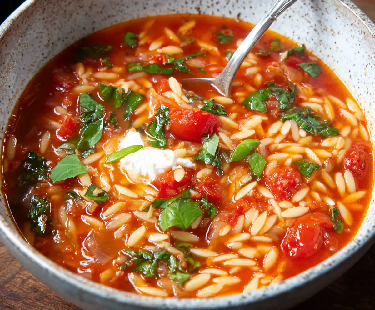 Hearty and comforting Tomato Orzo Soup served in a white bowl, garnished with fresh basil leaves.