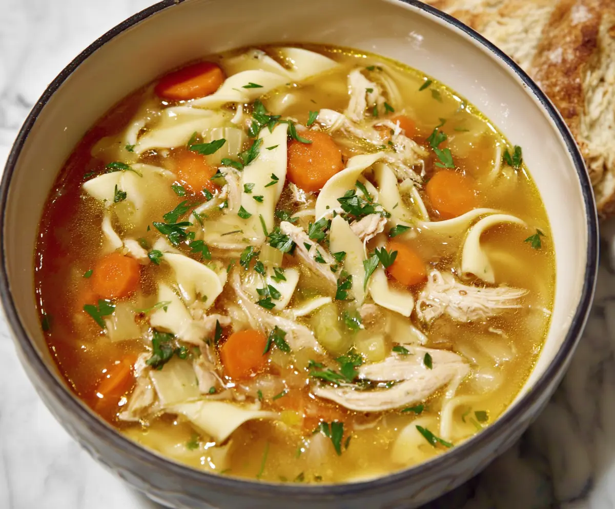 Warm and comforting traditional chicken noodle soup in a bowl with fresh vegetables and tender chicken pieces