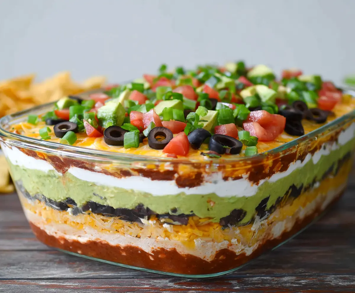 Delicious Ultimate 7 Layer Dip with vibrant ingredients like guacamole, sour cream, cheese, and salsa in a clear serving dish.