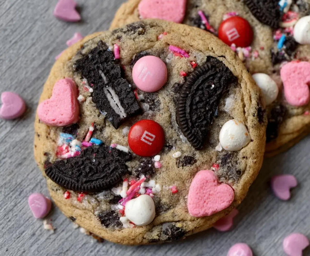 Valentine's Day Oreo M&M's cookies with heart-shaped decoration and colorful candies