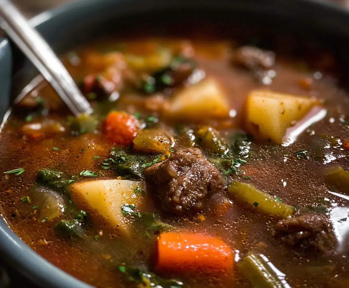 Hearty vegetable beef soup in a bowl with fresh ingredients and herbs.