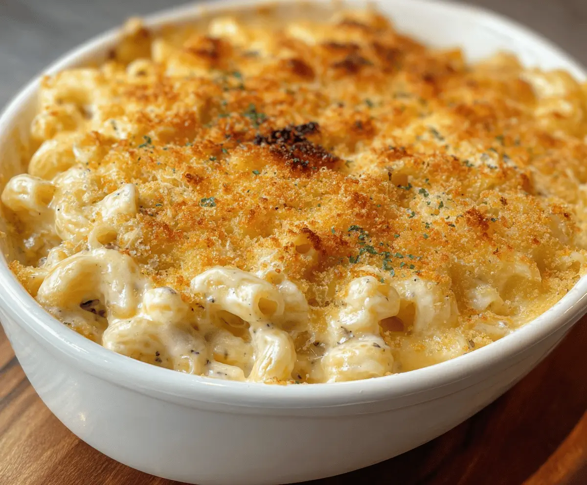 Creamy white truffle mac and cheese in a white bowl with grated cheese on top.