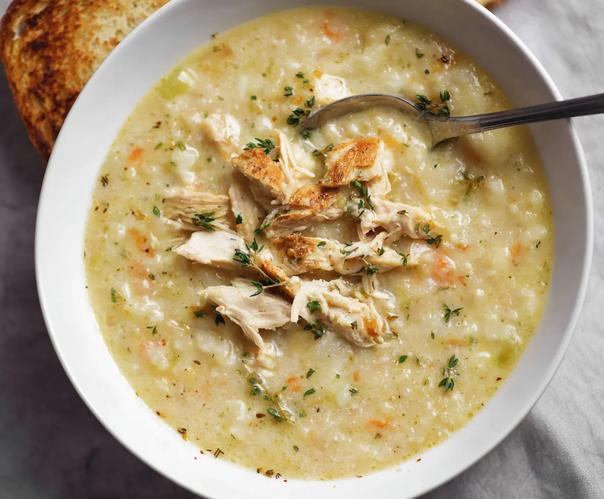 Hearty 30-minute cauliflower chicken soup in a bowl, garnished with fresh herbs for a comforting meal.