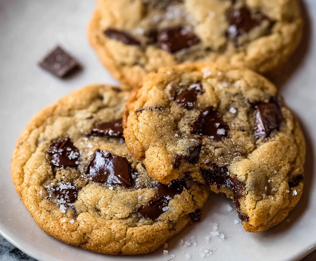 Warm homemade chocolate chip cookies fresh from the oven with melted chocolate chips.