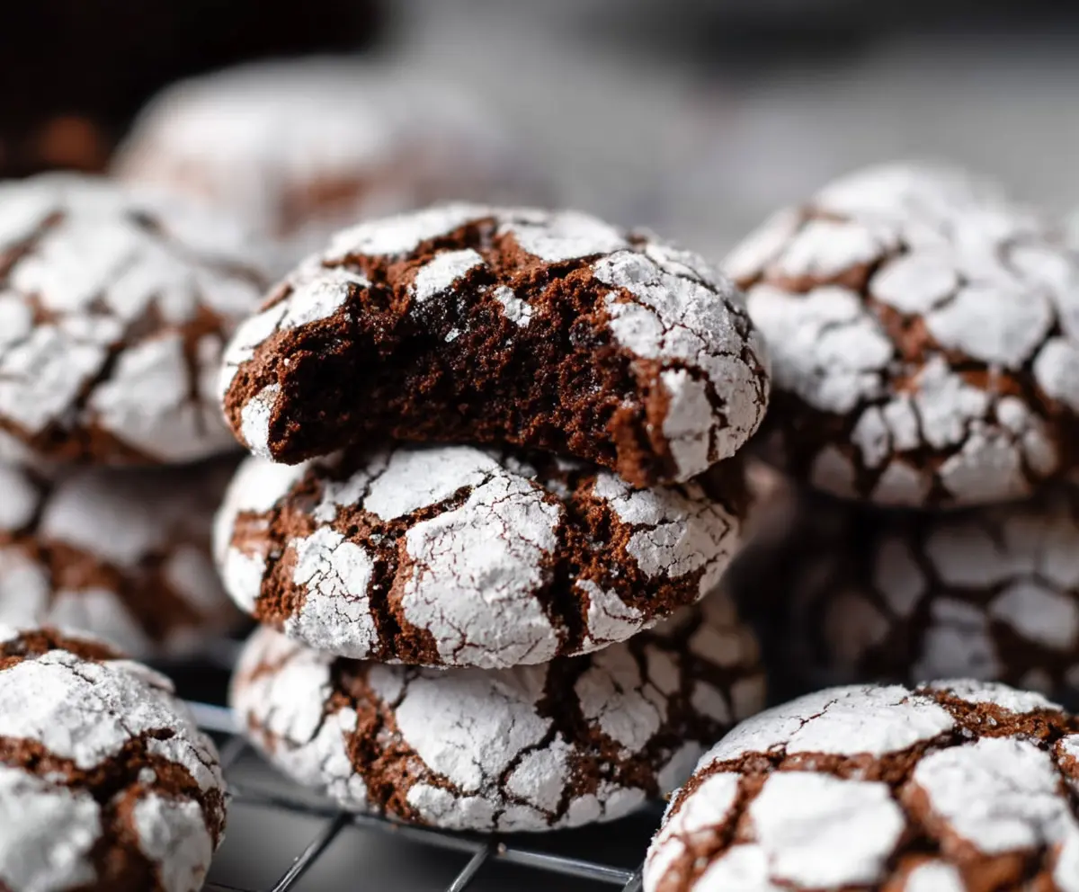 Delicious chocolate crinkle cookies with powdered sugar coating, perfect for dessert or tea time.