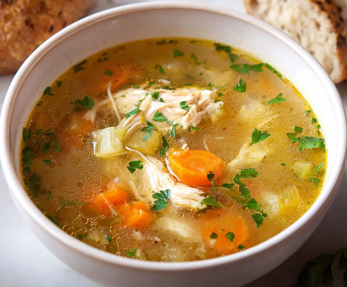 A warm bowl of comfort style chicken soup with tender chicken, vegetables, and herbs, perfect for cozy meals.