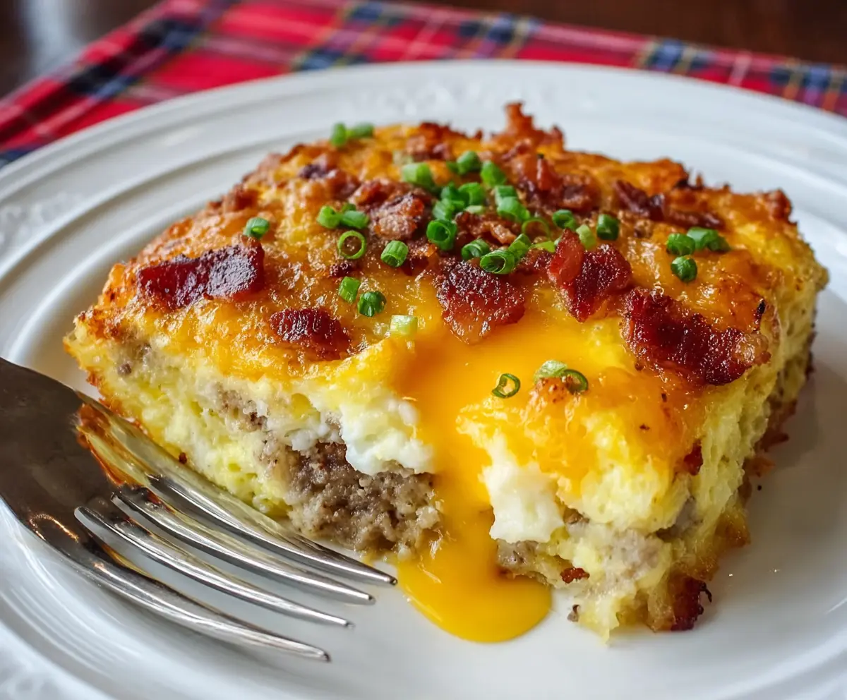 Delicious Crack Breakfast Casserole topped with cheese and herbs, served in a baking dish.