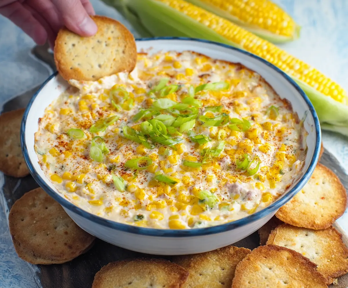 Delicious creamy corn dip served in a bowl, perfect for snacks or parties.