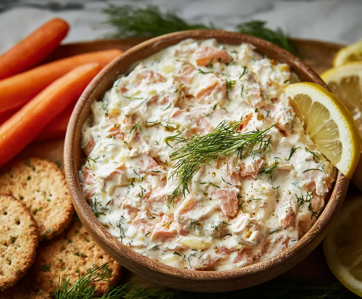 Delicious creamy smoked salmon dip garnished with fresh lemon slices for a flavorful appetizer.