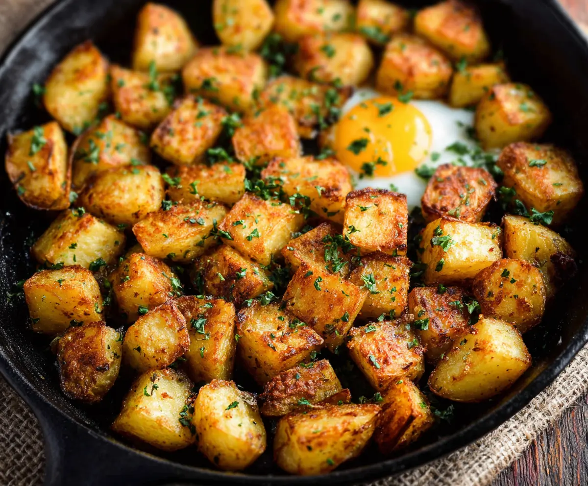 Golden and crispy breakfast potatoes served with herbs in a bowl.