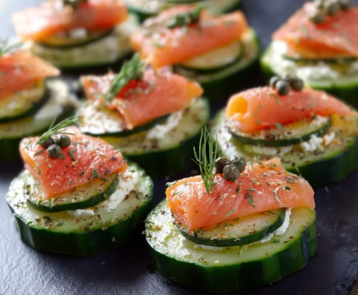 Delicious cucumber bites topped with smoked salmon and fresh herbs, perfect for appetizers.