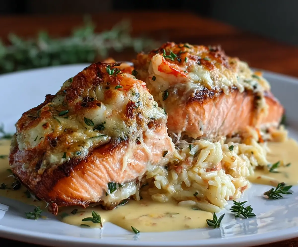 Plate of Deliciously Decadent Crab and Shrimp Stuffed Salmon garnished with herbs and lemon slices.