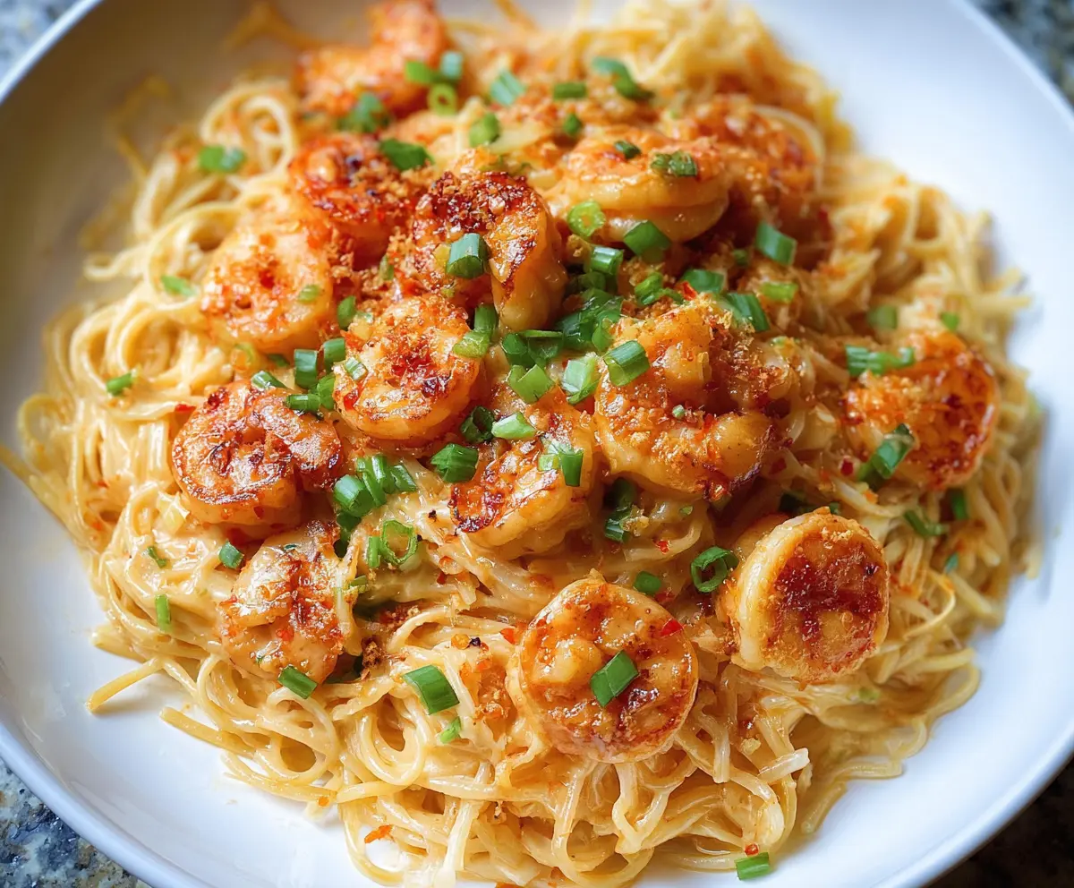 Creamy Bang Bang Shrimp Pasta served with crispy shrimp and fresh pasta in a white bowl.