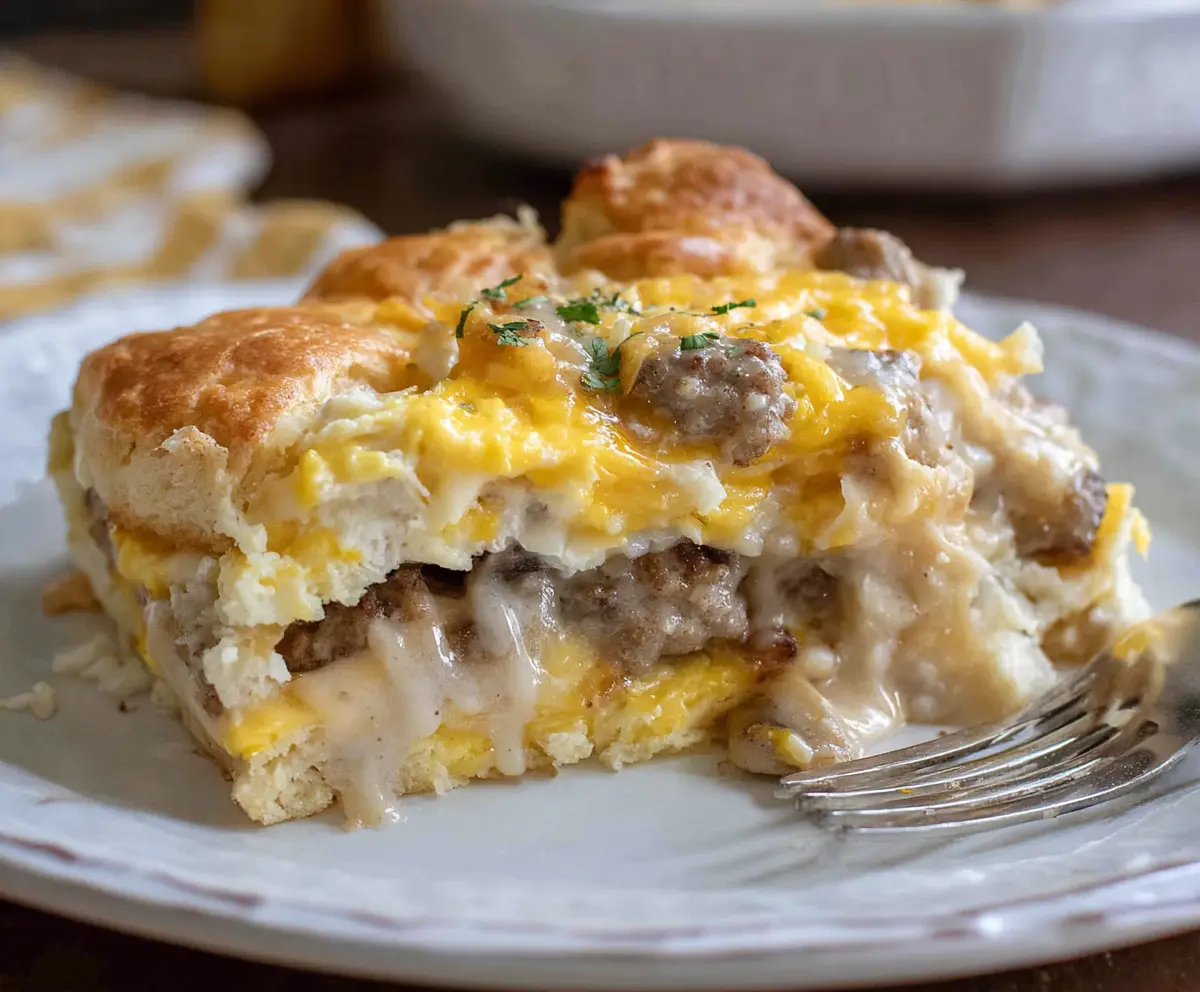 Delicious homemade biscuits and creamy gravy in a breakfast casserole, perfect for a hearty morning meal.