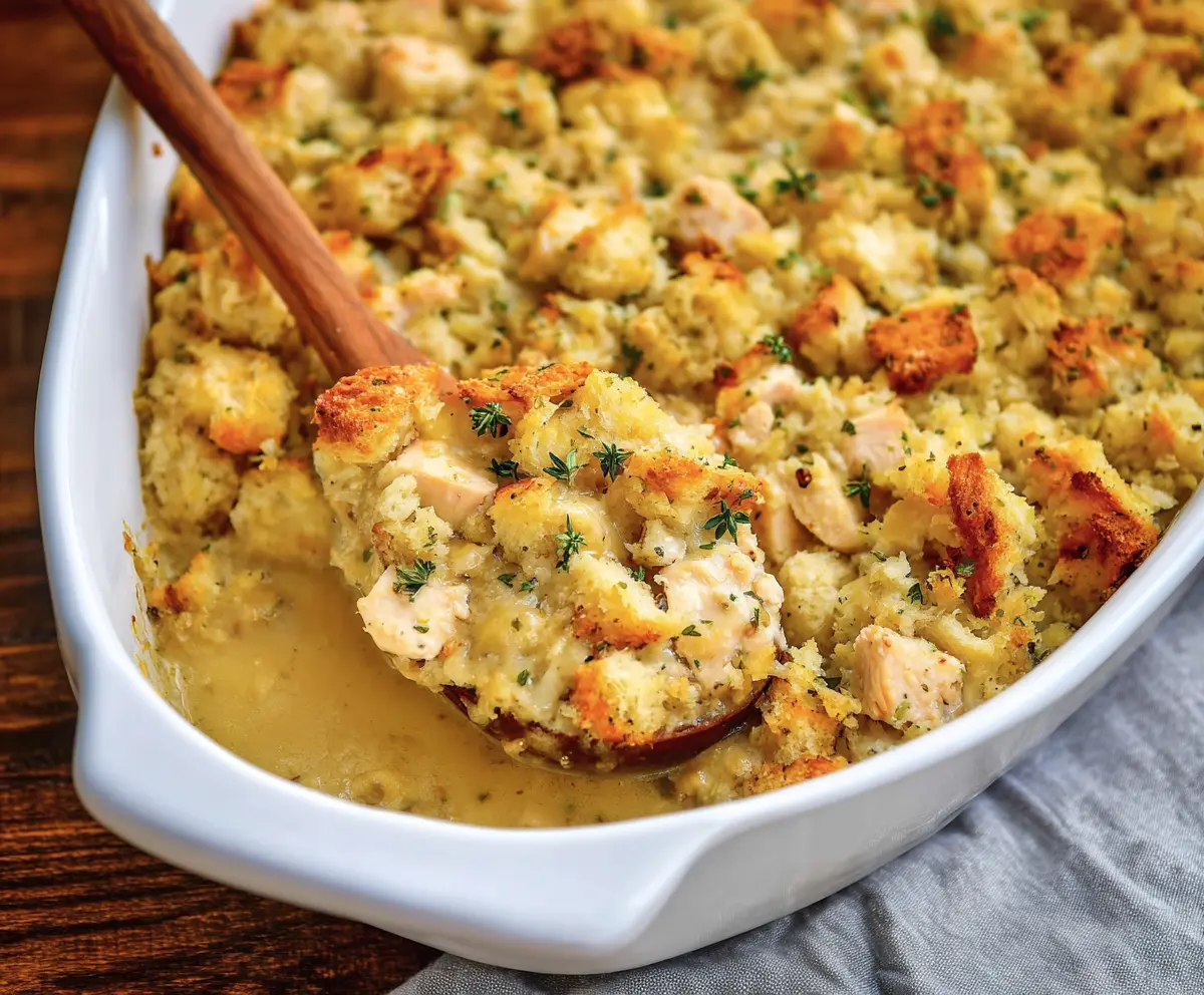 Delicious Easy Chicken and Stuffing Bake served on a white plate with a golden crust